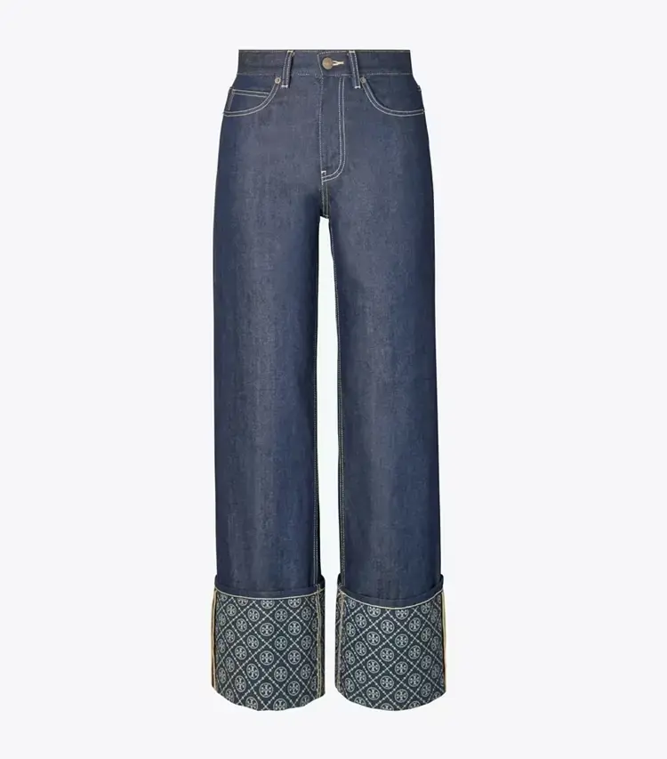 T Monogram Contrast Cuff Straight Leg Jean
