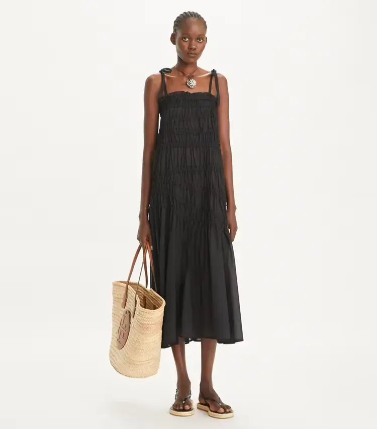 Shoulder Tie Smocked Cotton Dress - Image 2