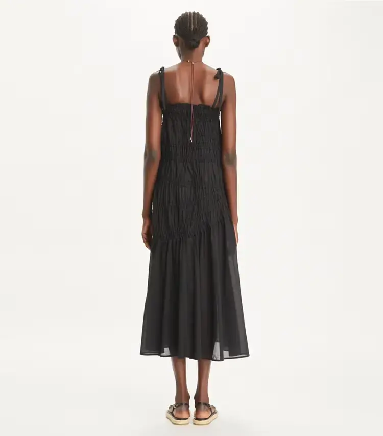 Shoulder Tie Smocked Cotton Dress - Image 3
